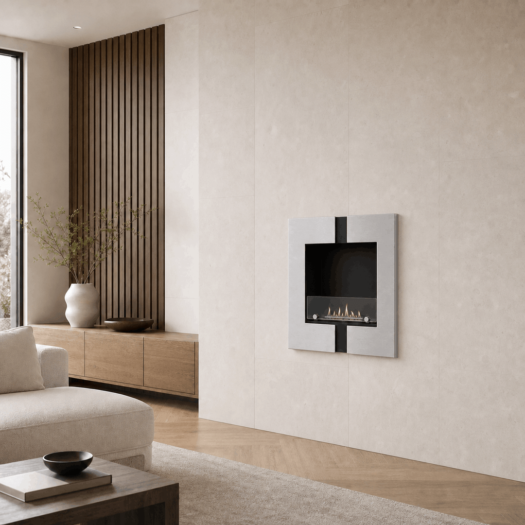 WIKAO Bioethanol Wandkamin und Einbaukamin DUO RVS in Edelstahloptik mit Glas in einem hellen Wohnzimmer mit Holzlamellen und Sideboard