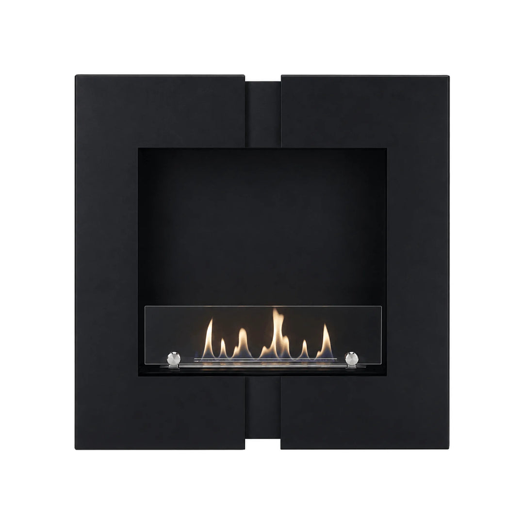 WIKAO Bioethanol Wandkamin und Einbaukamin DUO in Schwarz mit Glas, frontal