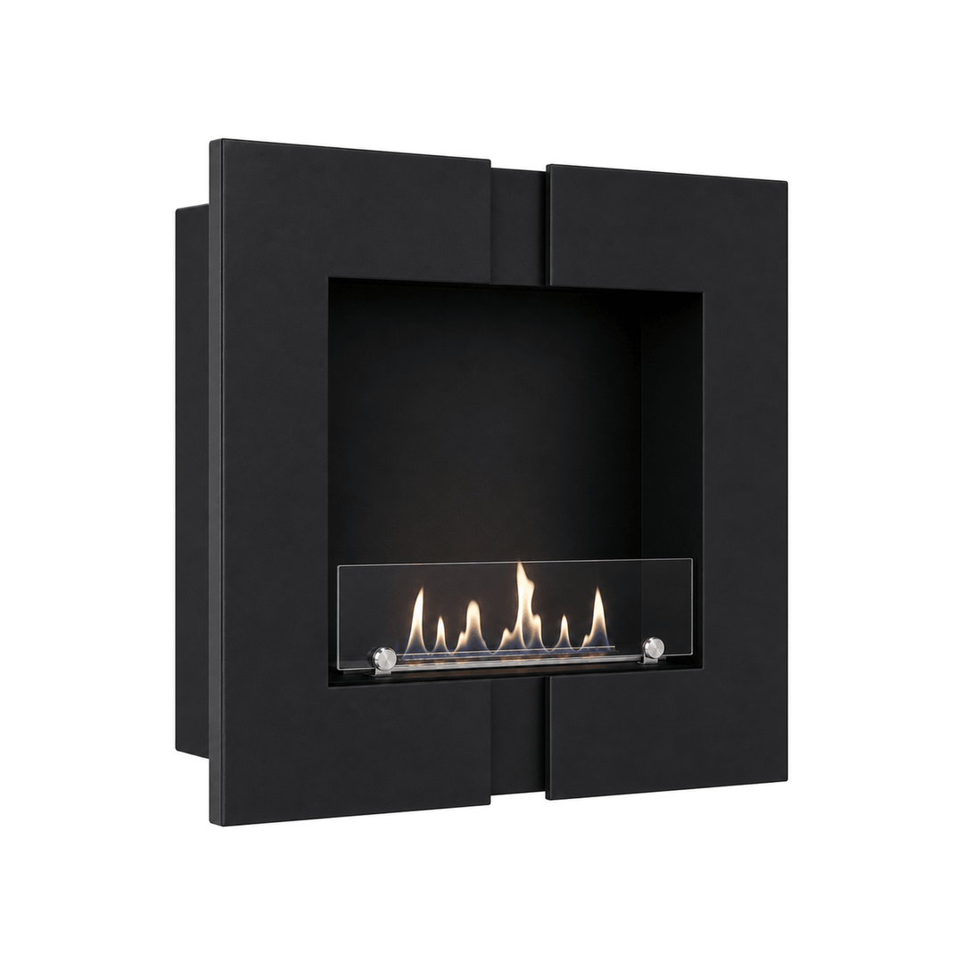 WIKAO Bioethanol Wandkamin und Einbaukamin DUO in Schwarz mit Glas, seitlich
