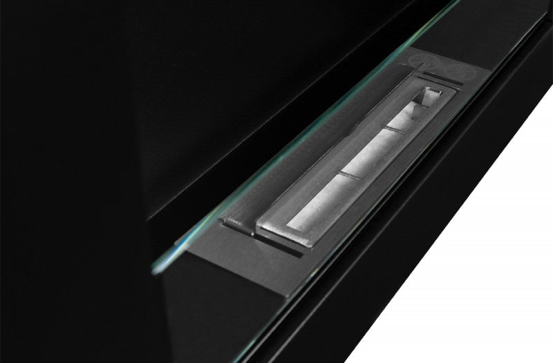 GMT Bioethanol Wandkamin FILO in Schwarz mit Glas, geöffneter Bioethanol-Brenner