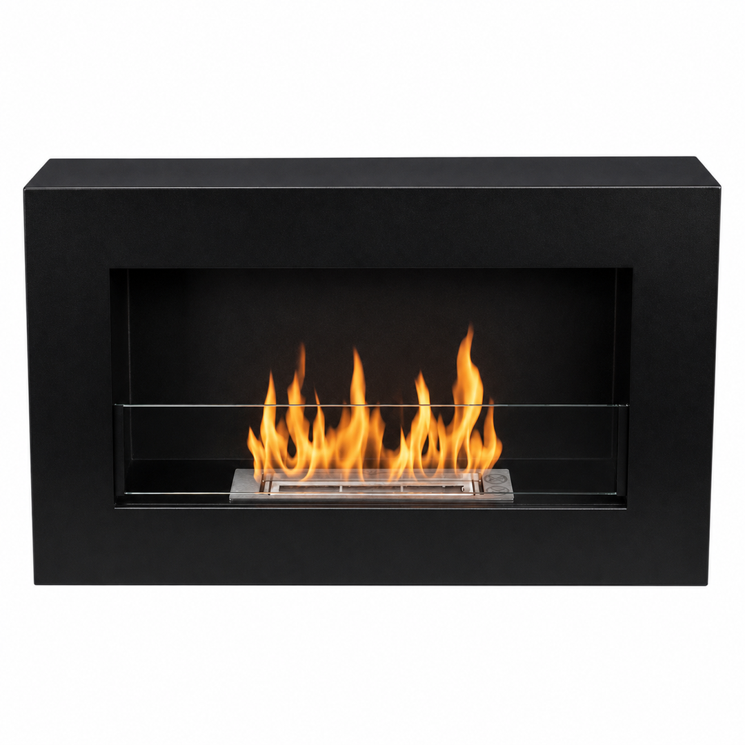 GMT Bioethanol Wandkamin FILO in Schwarz mit Glas, frontal mit Flammen