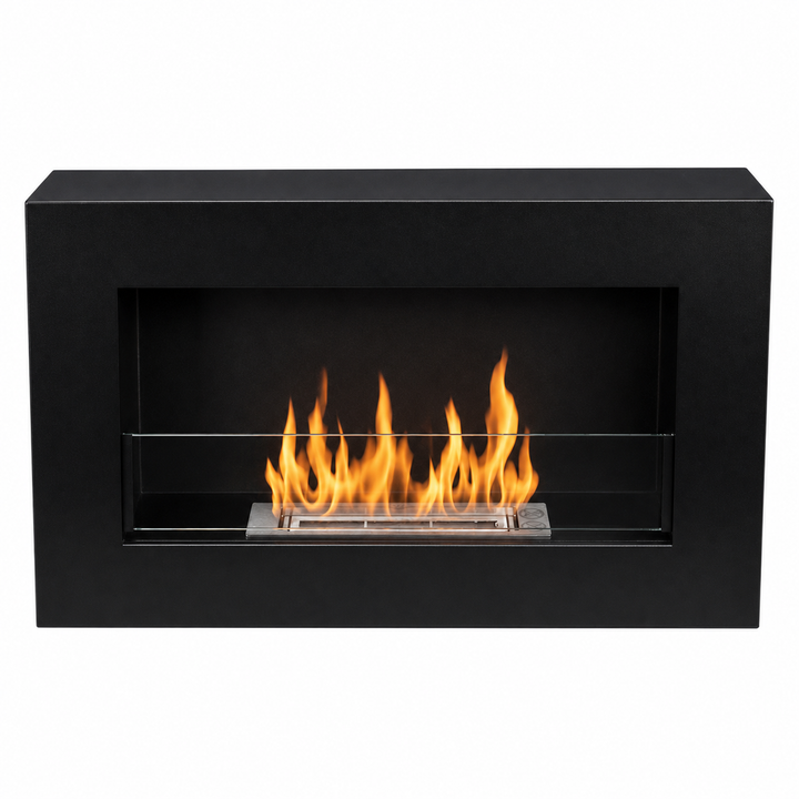 GMT Bioethanol Wandkamin FILO in Schwarz mit Glas, frontal mit Flammen