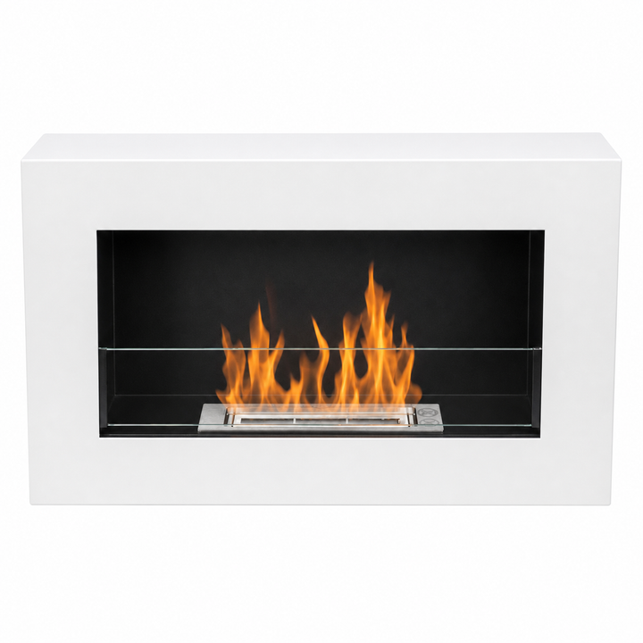 GMT Bioethanol Wandkamin FILO in Weiß mit Glas, frontal mit Flammen