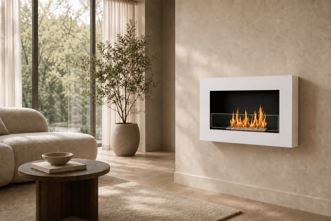 GMT Bioethanol Wandkamin FILO in Weiß mit Glas an einer hellen Wohnzimmerwand