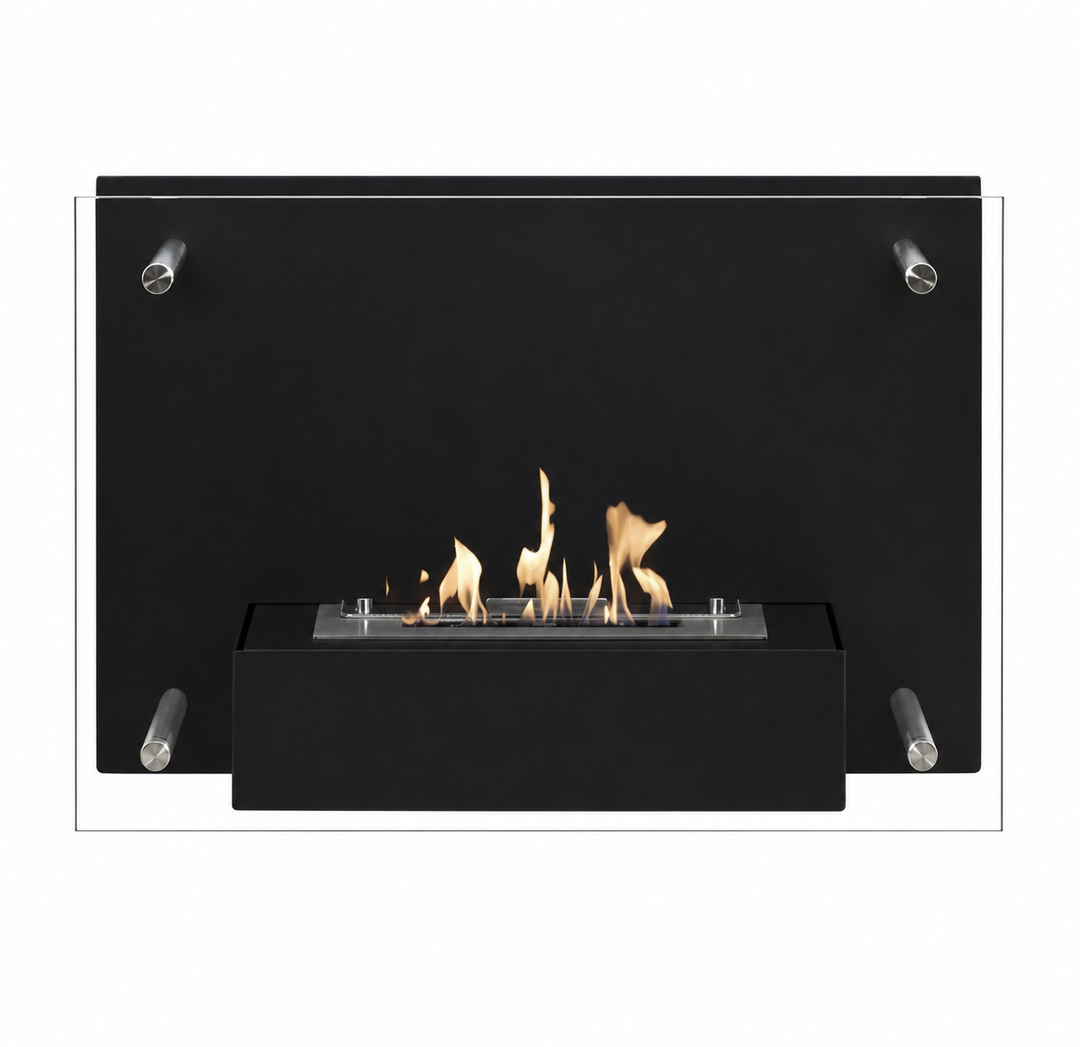Bioethanol Wandkamin FIREGLASS in Schwarz mit Glas und Flammen - Frontansicht