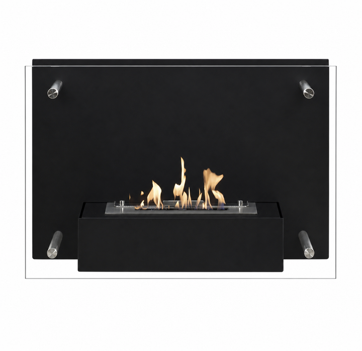 Bioethanol Wandkamin FIREGLASS in Schwarz mit Glas und Flammen - Frontansicht