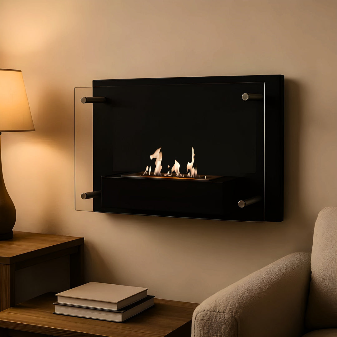 Bioethanol Wandkamin FIREGLASS Schwarz mit Glas Ethanol Kamin Wandmontage Wohnzimmer Modern