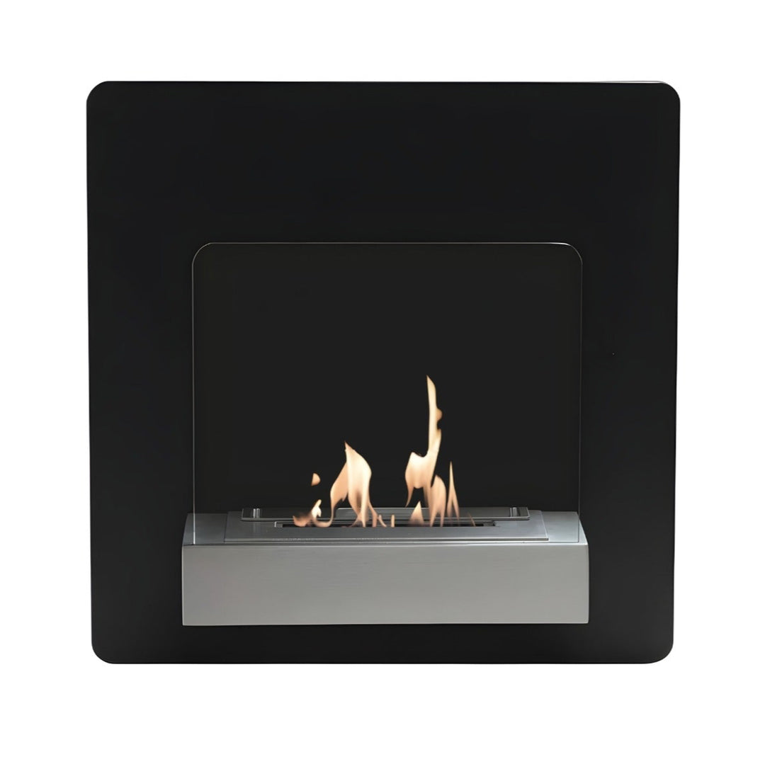 Bioethanol Wandkamin FLUENCE in Schwarz mit Glas und Flammen - Frontansicht