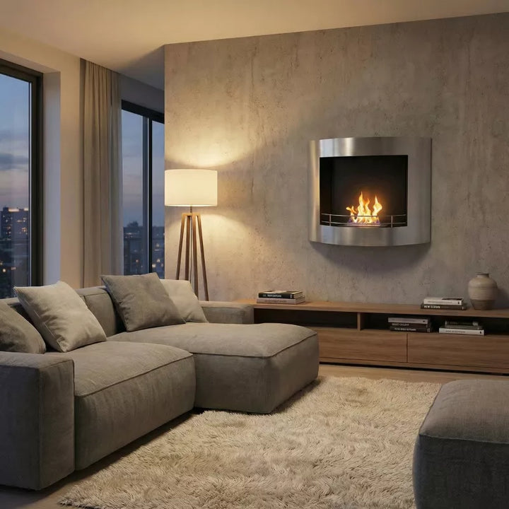 WIKAO Bioethanol Wandkamin HARMINOX in Edelstahloptik, frontal in einem Wohnzimmer am Abend mit Flammen