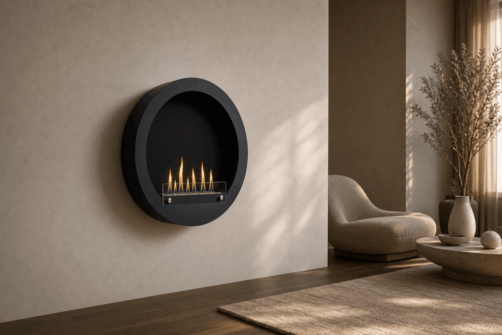 WIKAO Bioethanol Wandkamin HUBLO XL in Schwarz mit Glas in einem hellen Wohnzimmer mit Sessel