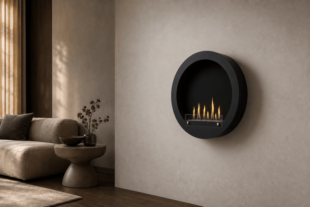 WIKAO Bioethanol Wandkamin HUBLO XL in Schwarz mit Glas in einem dunklen Wohnzimmer mit Sofa