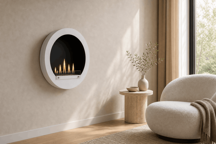 WIKAO Bioethanol Wandkamin HUBLO XL in Weiß mit Glas in einem hellen Wohnzimmer mit Sessel