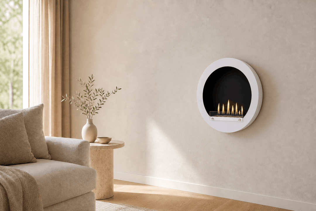 WIKAO Bioethanol Wandkamin HUBLO XL in Weiß mit Glas in einem hellen Wohnzimmer mit Sofa