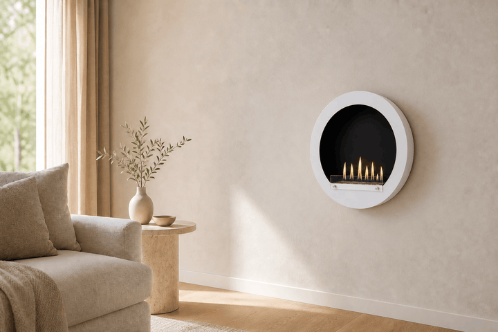 WIKAO Bioethanol Wandkamin HUBLO XL in Weiß mit Glas in einem hellen Wohnzimmer mit Sofa