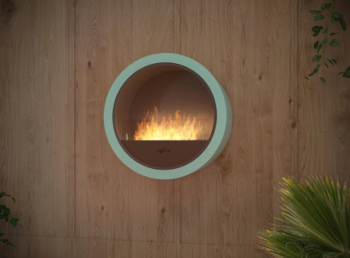 Bioethanol Wandkamin INCYRCLE InFire Bio Ethanol Kamin Wandmontage Wand Biokamin Rund Blau Wohnzimmer Holzwand RAL-Farbe