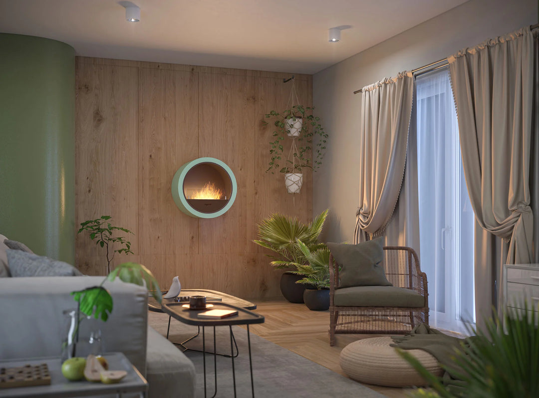 Bioethanol Wandkamin INCYRCLE InFire Bio Ethanol Kamin Wandmontage Wand Biokamin Rund Blau Wohnzimmer Modern cozy Boho Alternativ