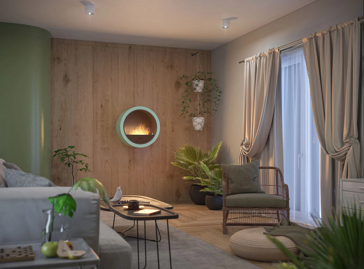 Bioethanol Wandkamin INCYRCLE InFire Bio Ethanol Kamin Wandmontage Wand Biokamin Rund Blau Wohnzimmer Modern cozy Boho Alternativ