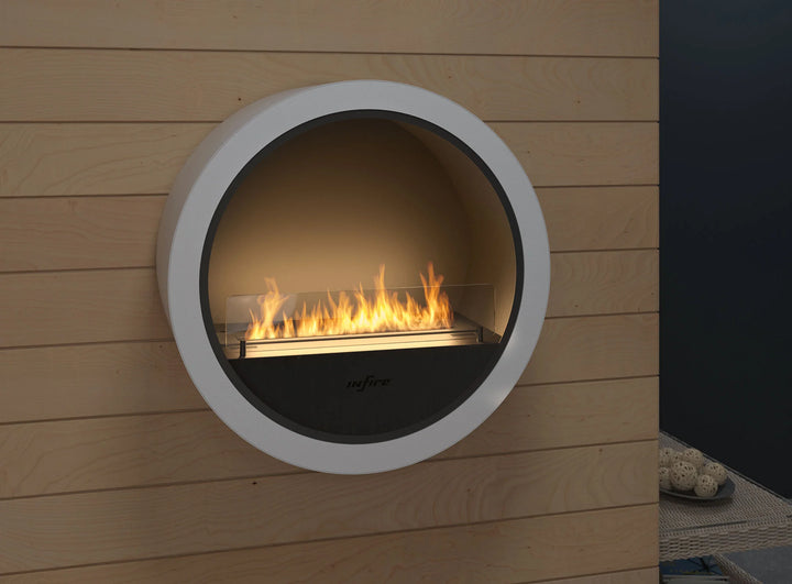 Bioethanol Wandkamin INCYRCLE InFire Bio Ethanol Kamin Wandmontage Wand Biokamin Rund Weiss Wohnzimmer Holzwand