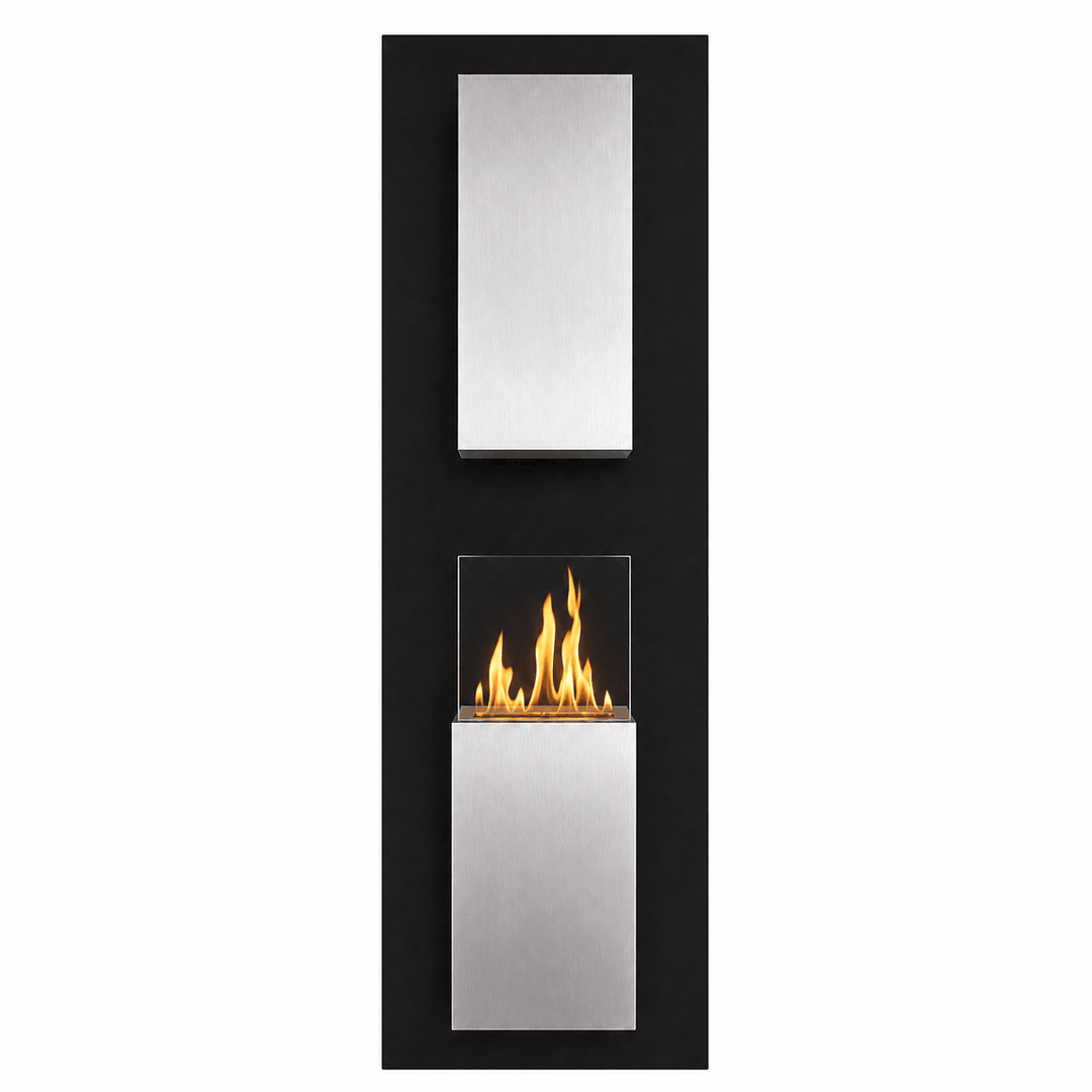 Bioethanol Wandkamin KAPTUR in Schwarz mit Glas und Flammen - Frontansicht