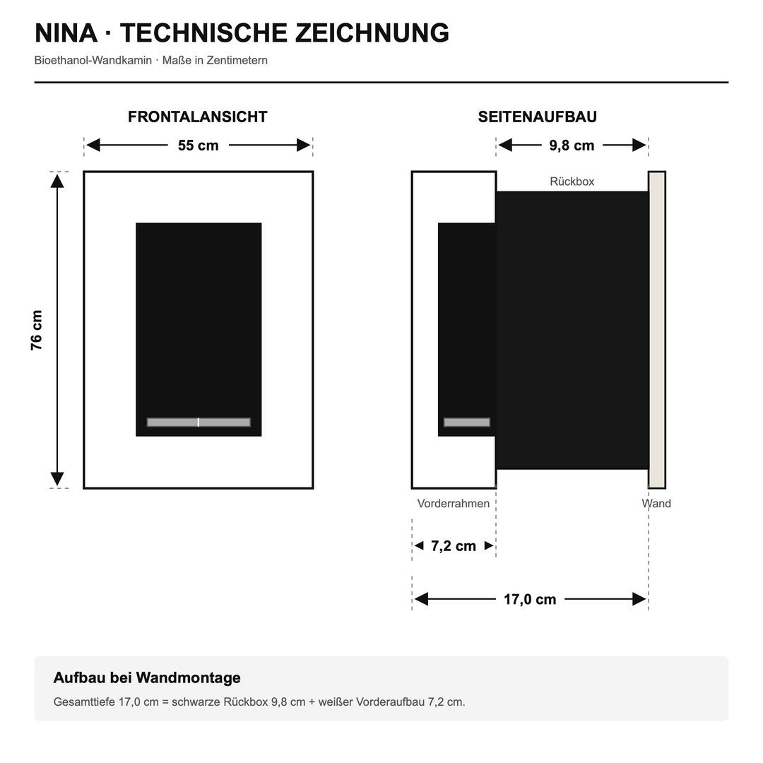 Bioethanol Wandkamin NINA - Technische Zeichnung mit Maßen für die Wandmontage