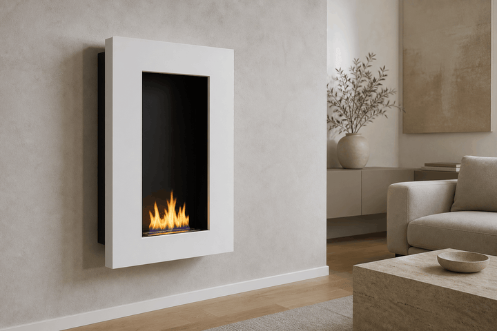 WIKAO Bioethanol Wandkamin und Einbaukamin NINA in Weiß mit schwarzem Innenraum in einem hellen Wohnzimmer mit Sofa