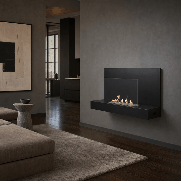 WIKAO Bioethanol Wandkamin OSLO in Schwarz mit Glas, montiert in einem dunklen Wohnzimmer