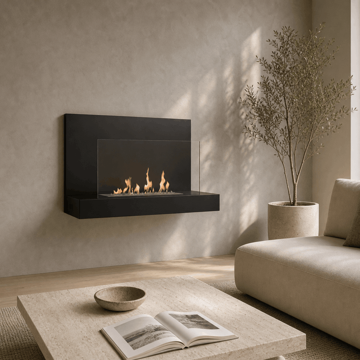 WIKAO Bioethanol Wandkamin OSLO in Schwarz mit Glas, montiert in einem hellen Wohnzimmer