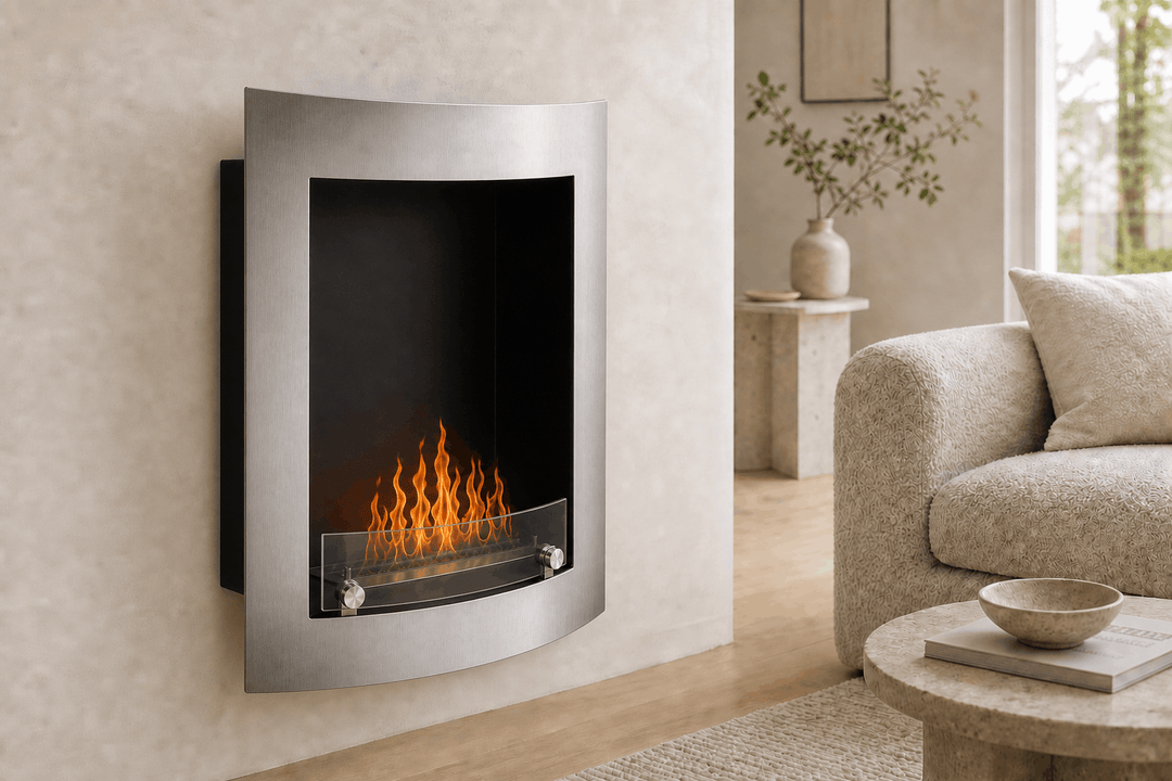 WIKAO Bioethanol Wandkamin PARIS in Edelstahloptik mit Glas, seitlich in einem hellen Wohnzimmer mit Flammen