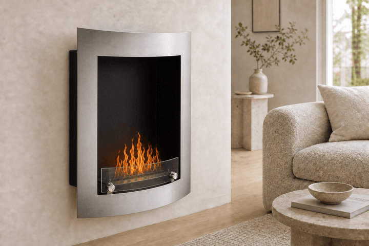 WIKAO Bioethanol Wandkamin PARIS in Edelstahloptik mit Glas, seitlich in einem hellen Wohnzimmer mit Flammen