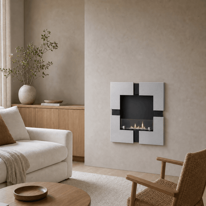 WIKAO Bioethanol Wandkamin und Einbaukamin QUATTRO RVS in Edelstahloptik mit Glas in einem hellen Wohnzimmer mit Sessel und Holzmöbeln