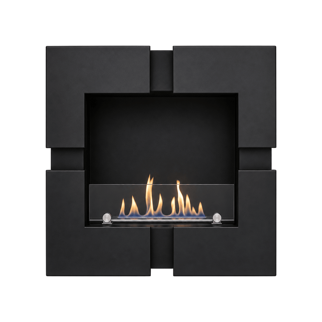 WIKAO Bioethanol Wandkamin und Einbaukamin QUATTRO in Schwarz mit Glas, freigestellte Frontansicht