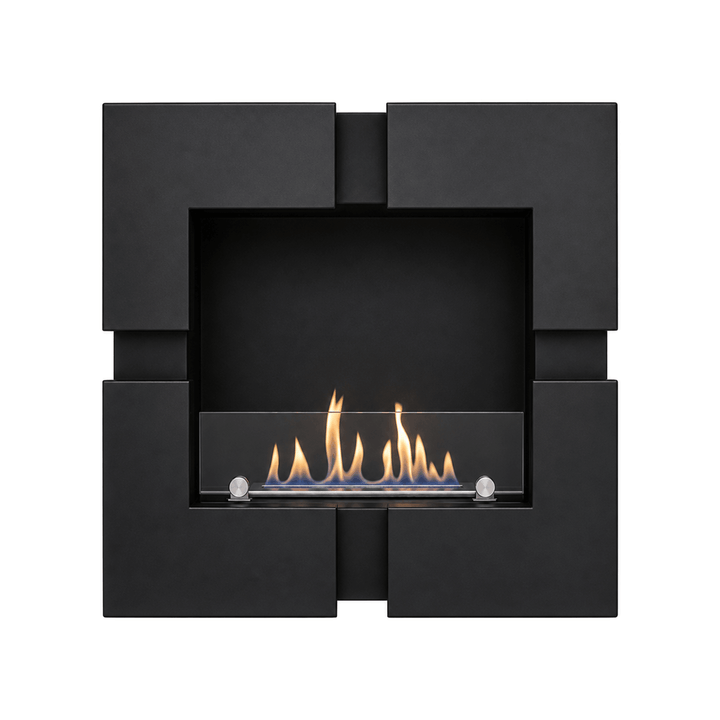WIKAO Bioethanol Wandkamin und Einbaukamin QUATTRO in Schwarz mit Glas, freigestellte Frontansicht