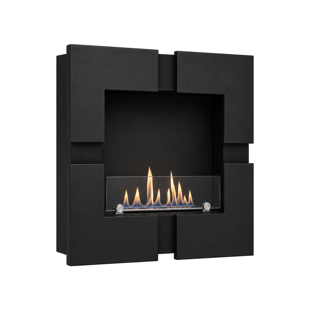 WIKAO Bioethanol Wandkamin und Einbaukamin QUATTRO in Schwarz mit Glas, freigestellte Perspektivansicht