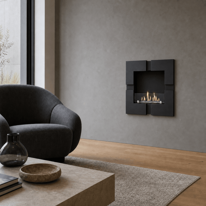 WIKAO Bioethanol Wandkamin und Einbaukamin QUATTRO in Schwarz mit Glas in einem modernen Wohnzimmer mit schwarzem Sessel und Couchtisch
