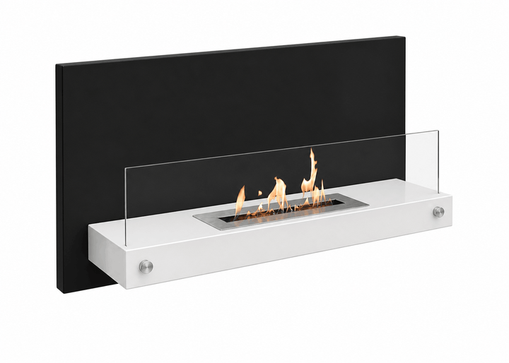 Bioethanol Wandkamin RIAD in Schwarz und Weiß mit Glas und Flammen - Schrägansicht