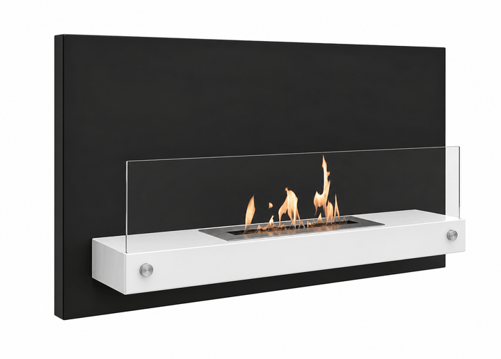 Bioethanol Wandkamin RIAD in Schwarz und Weiß mit Glas und Flammen - Seitenansicht
