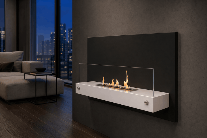 Bioethanol Wandkamin RIAD in Schwarz und Weiß mit Flammen im luxuriösen Wohnzimmer bei Nacht