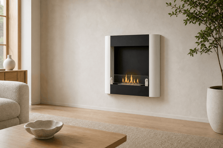 WIKAO Bioethanol Wandkamin ROMA in Mattweiß und Mattschwarz mit Glas in einem hellen Wohnzimmer mit Baum