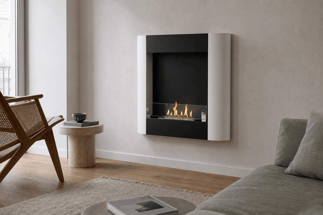 WIKAO Bioethanol Wandkamin ROMA in Mattweiß und Mattschwarz mit Glas in einem minimalistischen Wohnzimmer mit Holzstuhl