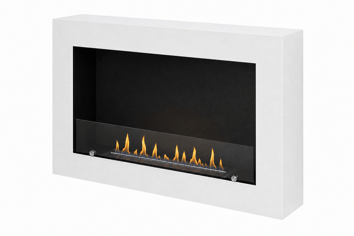 Bioethanol Wandkamin SARANA in Weiß mit Glas und Flammen - Seitenansicht