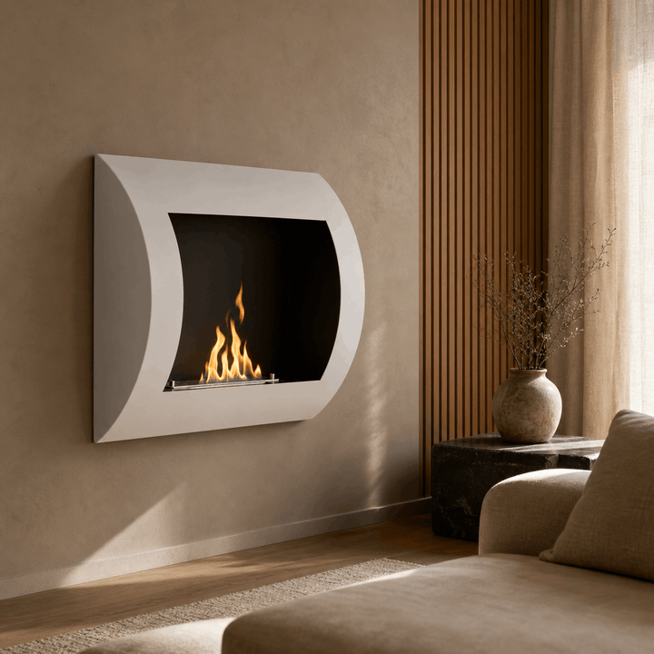 WIKAO Bioethanol Wandkamin SOLO in Weiß, in einem modernen Wohnzimmer mit Flammen