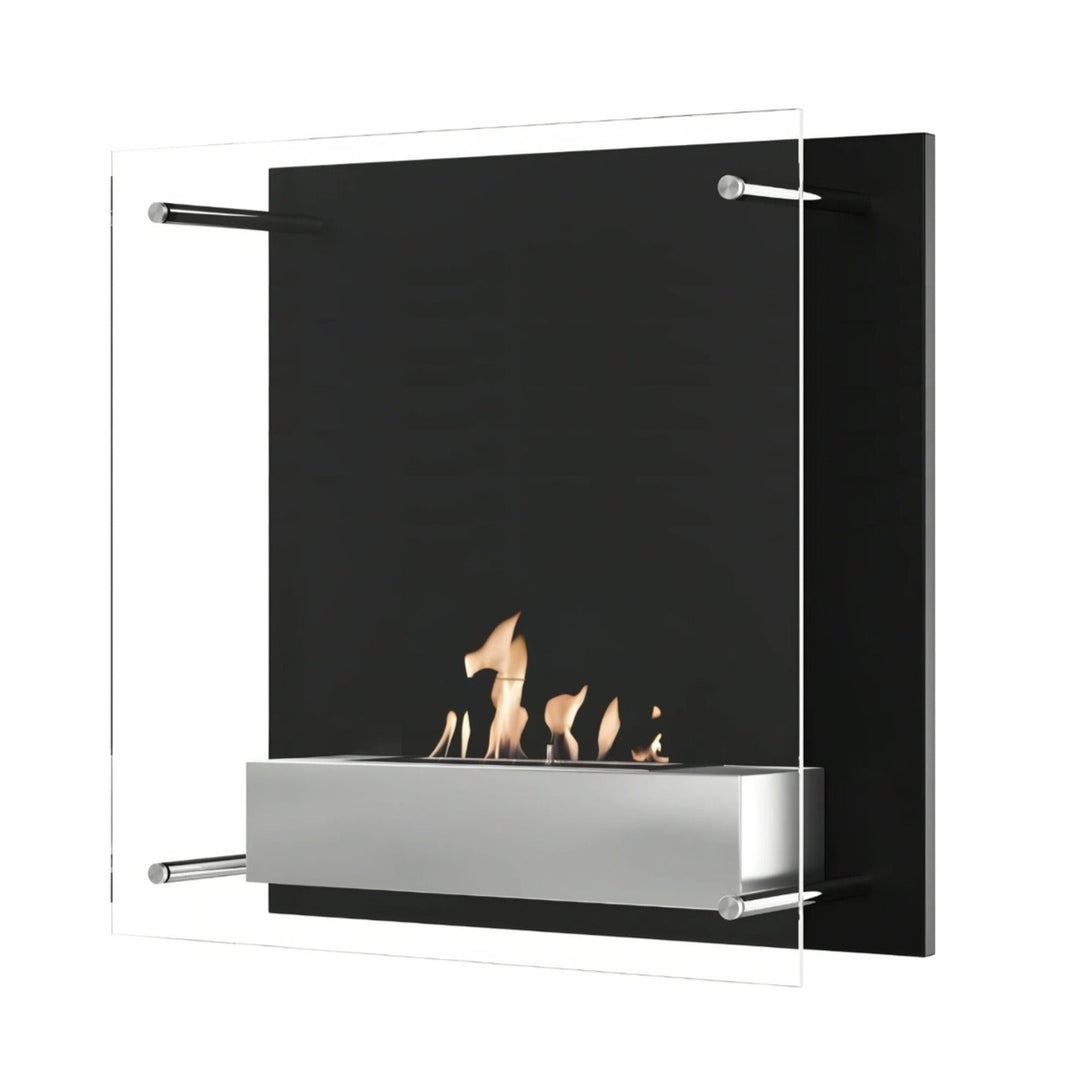 Bioethanol Wandkamin SQUAREBOX in Schwarz mit Glas und Flammen - Seitenansicht