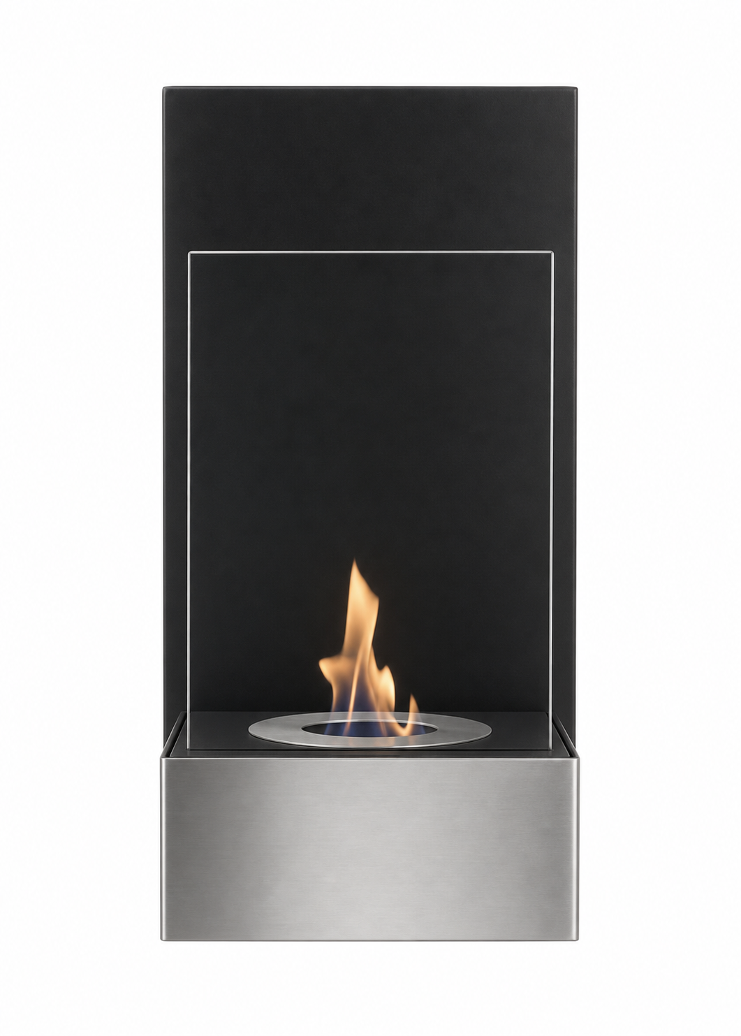 Bioethanol Wandkamin TAB in Edelstahl mit Glas und Flammen - Frontansicht