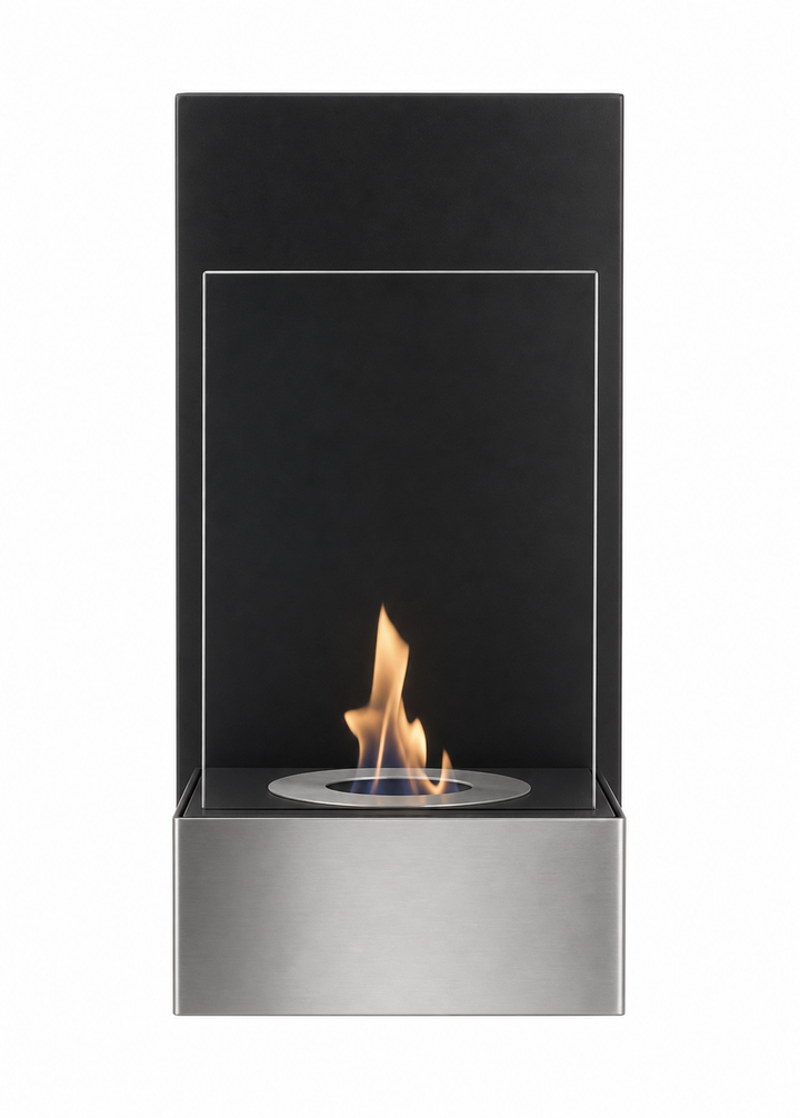Bioethanol Wandkamin TAB in Edelstahl mit Glas und Flammen - Frontansicht