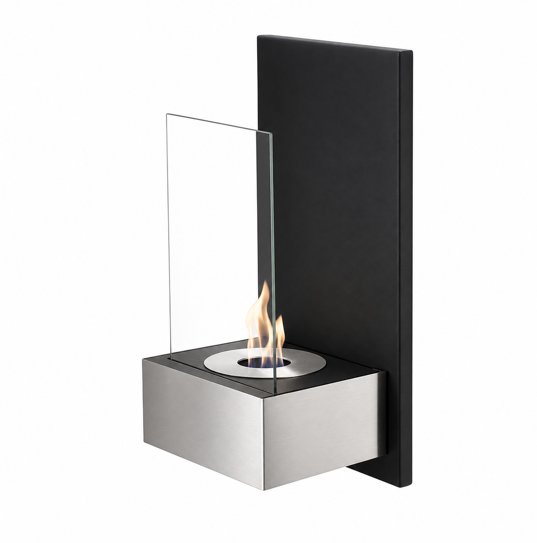Bioethanol Wandkamin TAB in Edelstahl mit Glas und Flammen - Seitenansicht