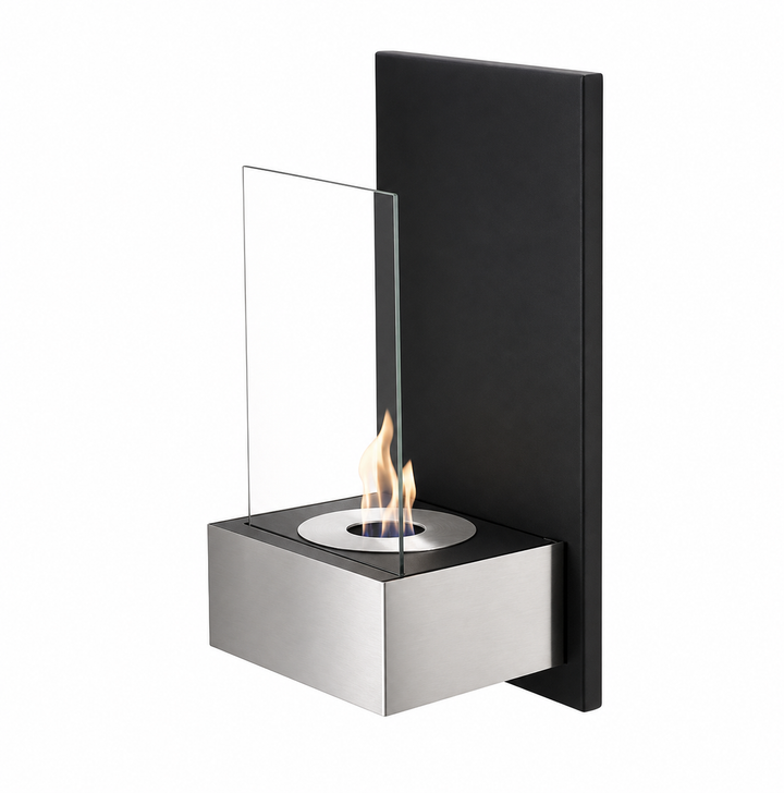 Bioethanol Wandkamin TAB in Edelstahl mit Glas und Flammen - Seitenansicht