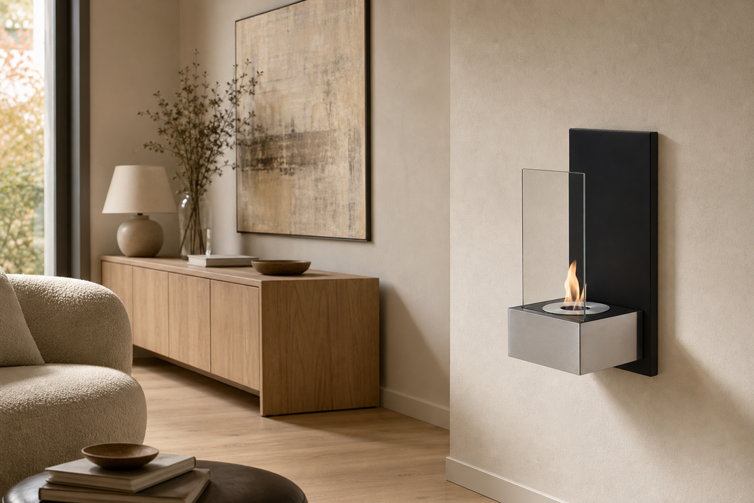 Bioethanol Wandkamin TAB in Edelstahl mit Flammen in modernem Wohnzimmer