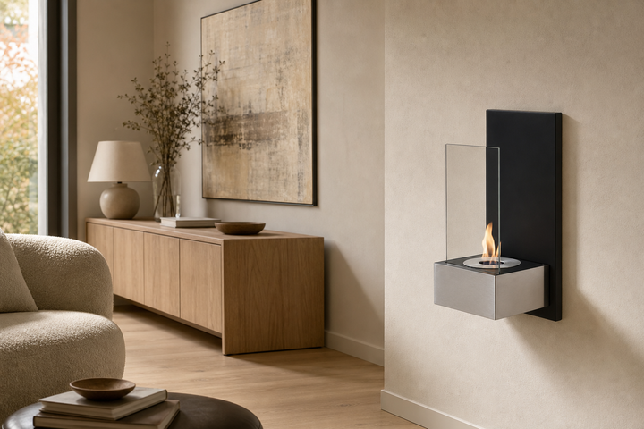Bioethanol Wandkamin TAB in Edelstahl mit Flammen in modernem Wohnzimmer