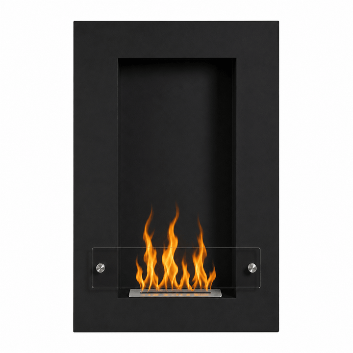 WIKAO Bioethanol Wandkamin und Einbaukamin VERTIGO in Schwarz mit Glas, frontal