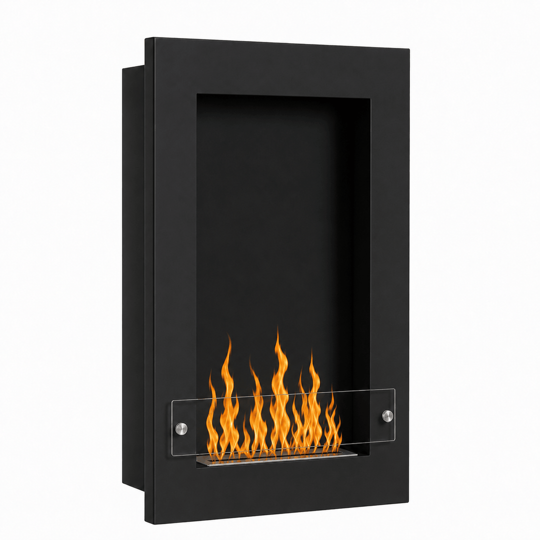 WIKAO Bioethanol Wandkamin und Einbaukamin VERTIGO in Schwarz mit Glas, seitlich